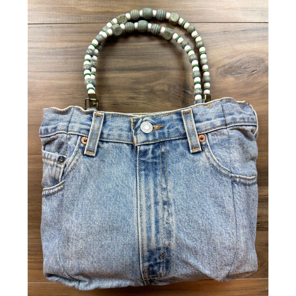 Upcycled handmade Levi's denim jean handbag with beaded handles golf ball lining